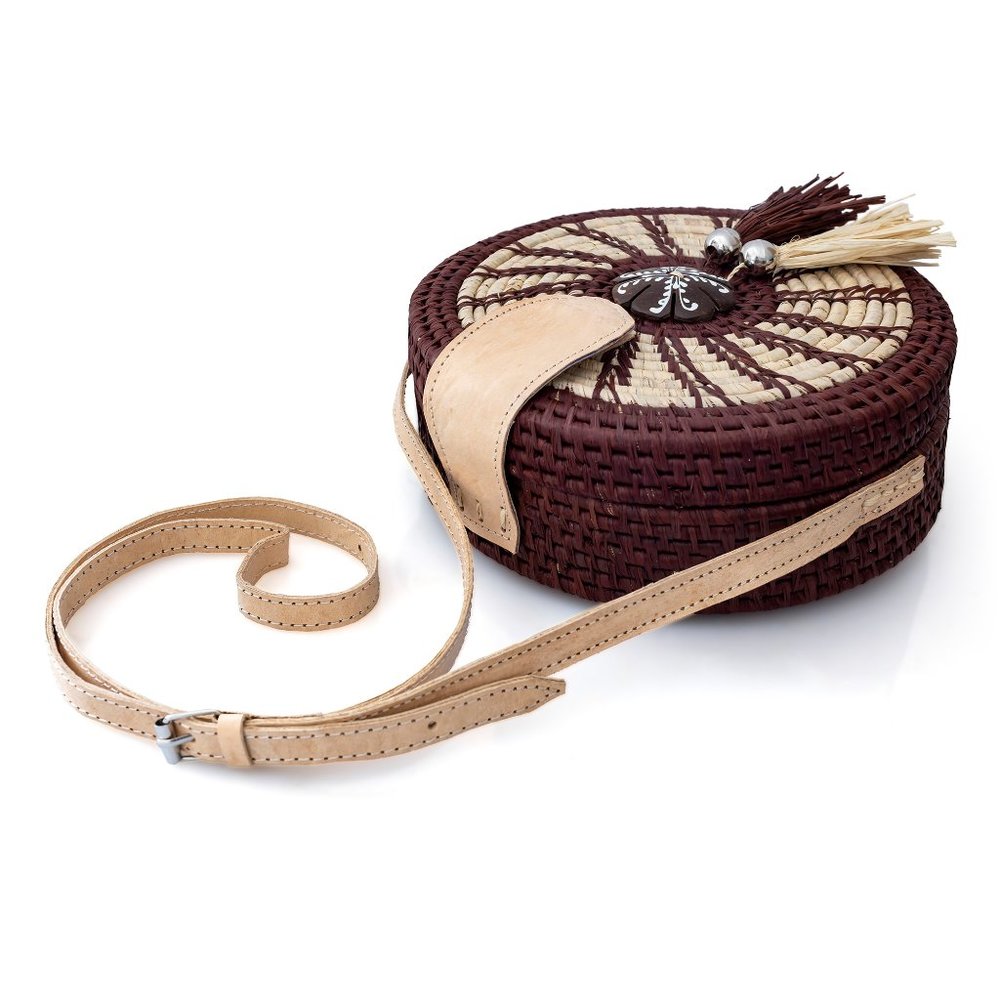 Brand New Handwoven Round Rattan Bag Shoulder Leather Straps Boho Chic